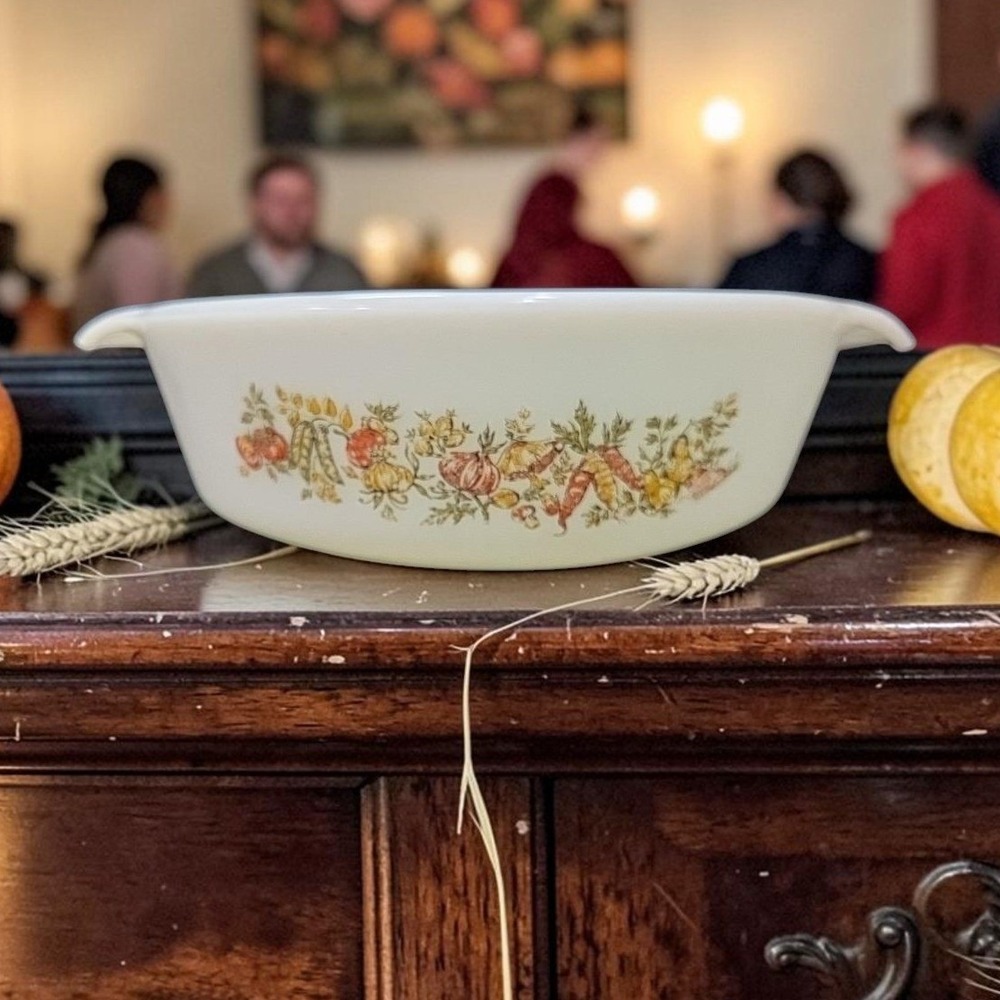 Anchor Hocking Fire King 1qt Casserole Dish #637, Fall Harvest Vegetable Design
